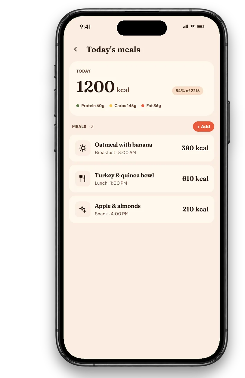 The Calfit diary screen with the day protein, carb and fat rings filling in against the targets