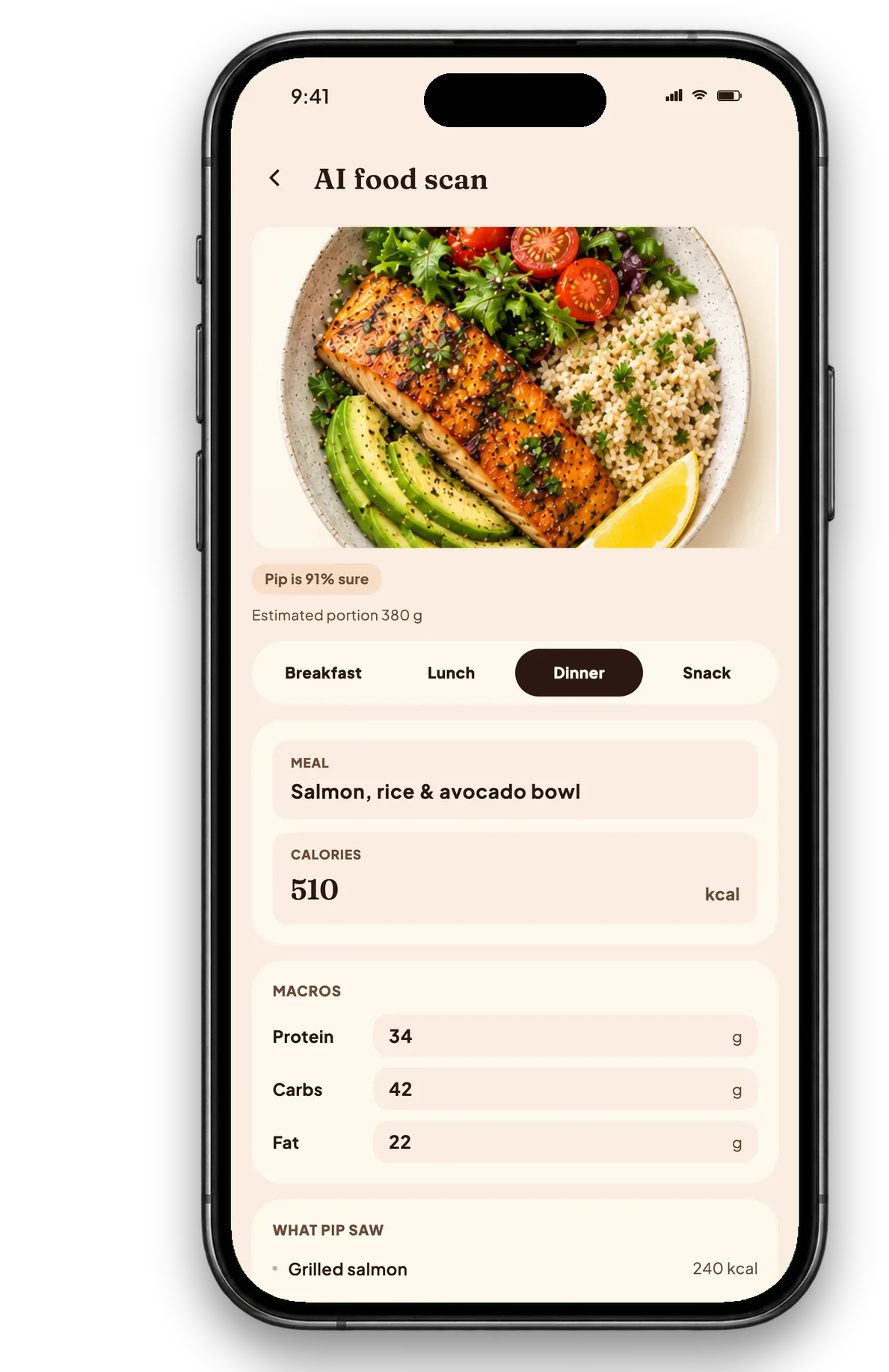 The Calfit AI food scan reading a salmon, rice and avocado bowl