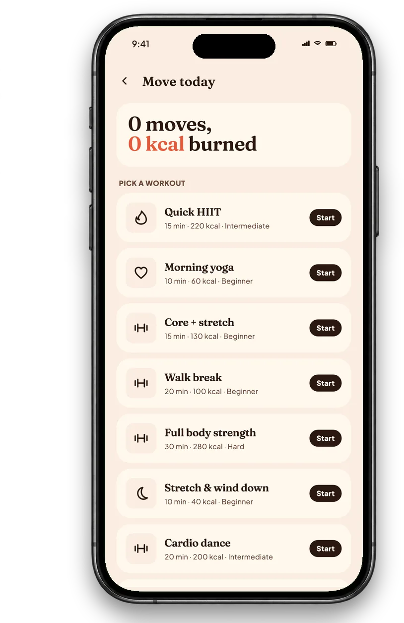 The Calfit workouts screen with a walk logged against the day