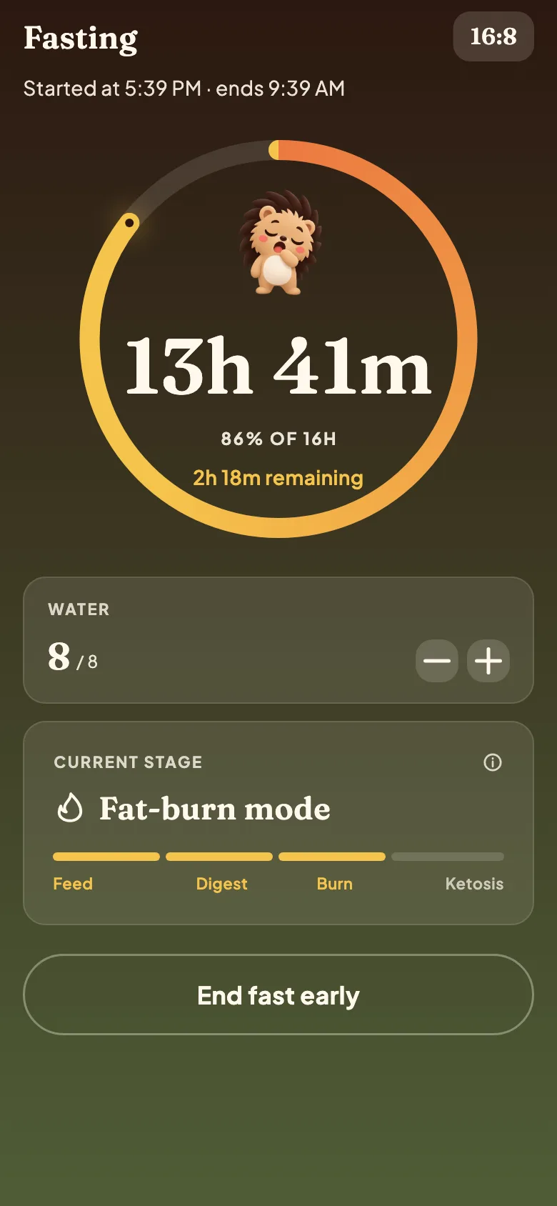 The Calfit fasting screen showing an active fast with time elapsed, the eating window, and the current stage of the fast
