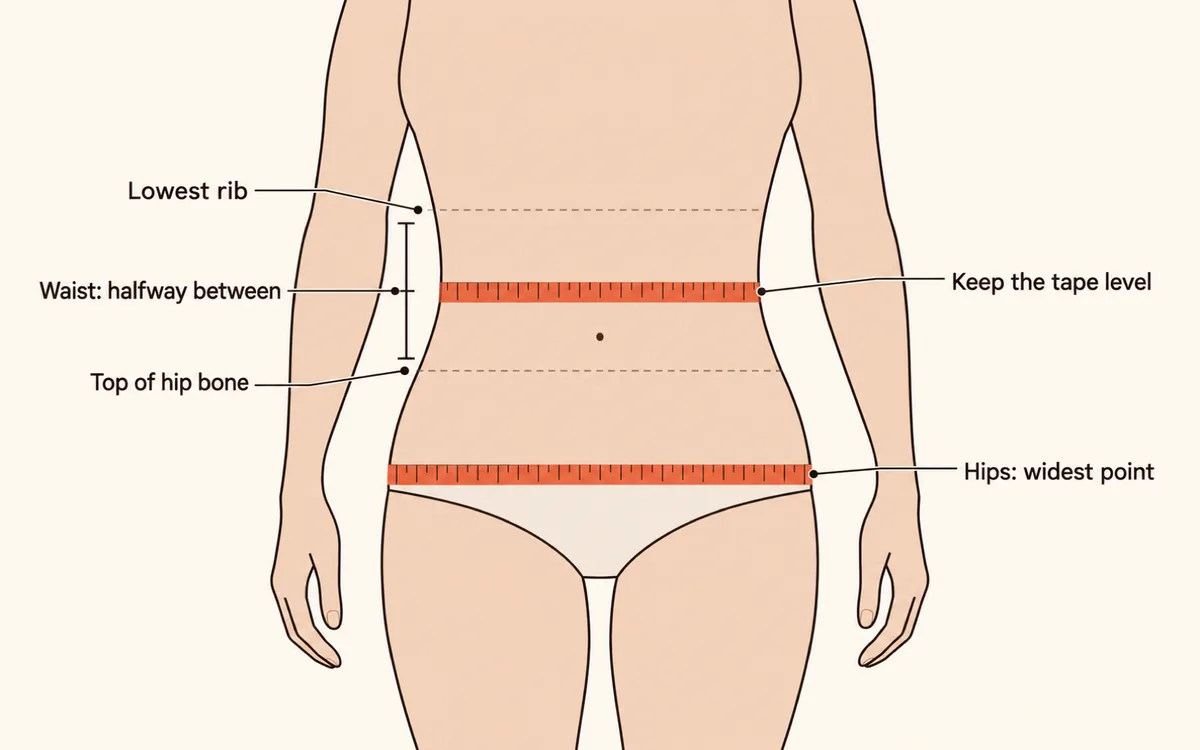 Diagram of where to measure your waist: halfway between the lowest rib and the top of the hip bone, with the tape level, and the hips at their widest point